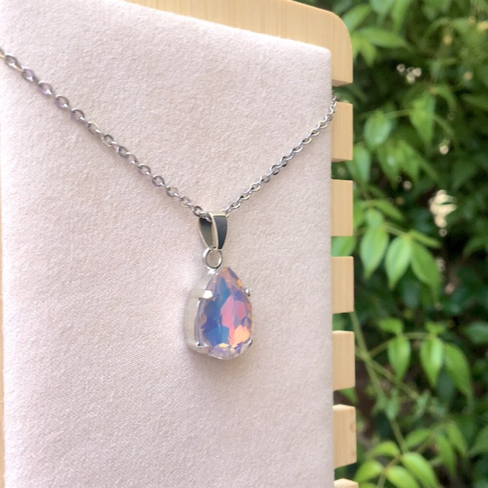 Gray Opal Aurora Borealis Iridescent Silver Pendant Drop Necklace - Picture 5 of 10